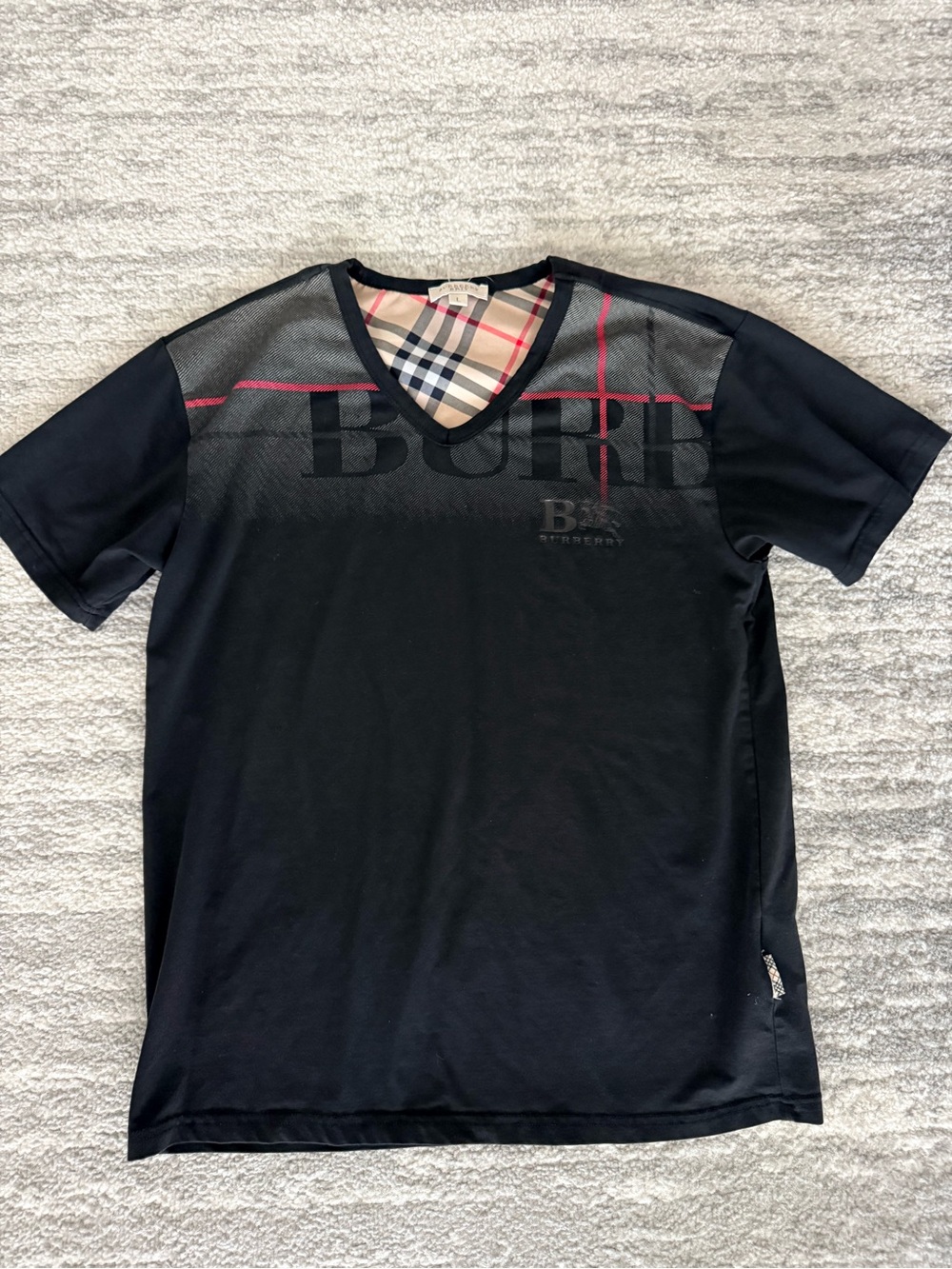Burberry Black Short-Sleeve V-Neck Shirt with Signature Check